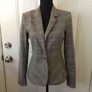 Cato two button front black charcoal gray and purple plaid jacket